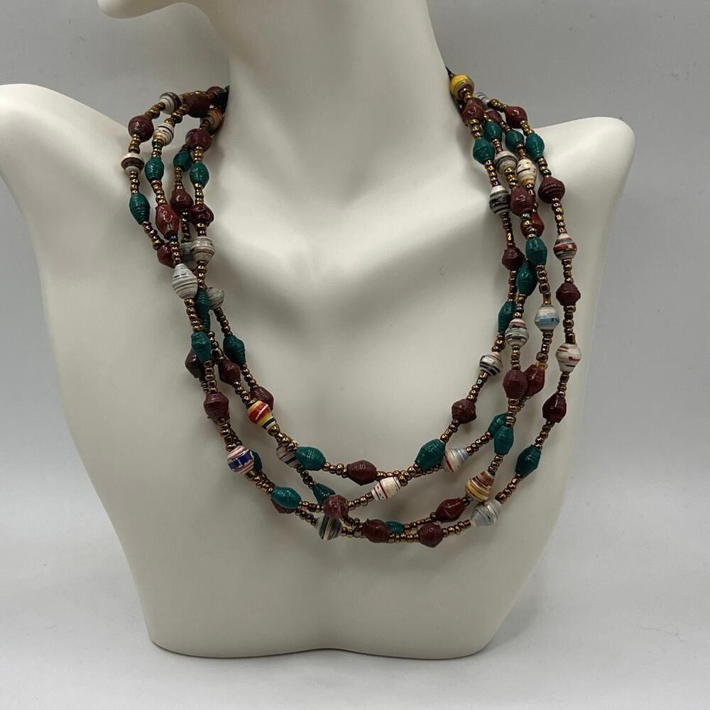 Beaded Necklace 60” - Rolled Paper Beads - Over the head/No Clasp - Gold Tone